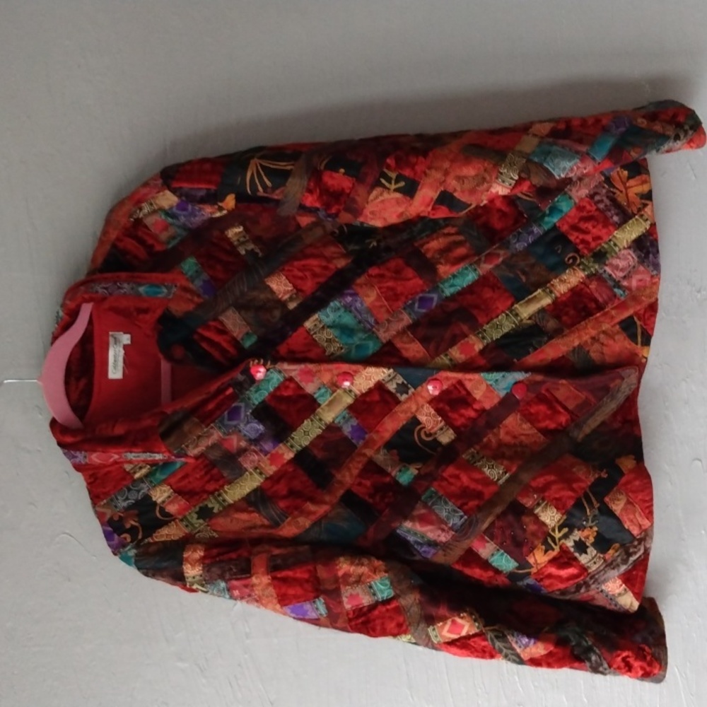 Coldwater Creek Patchwork Jacket Xl Velvet Art to Wear Red Wool Silk Blend
